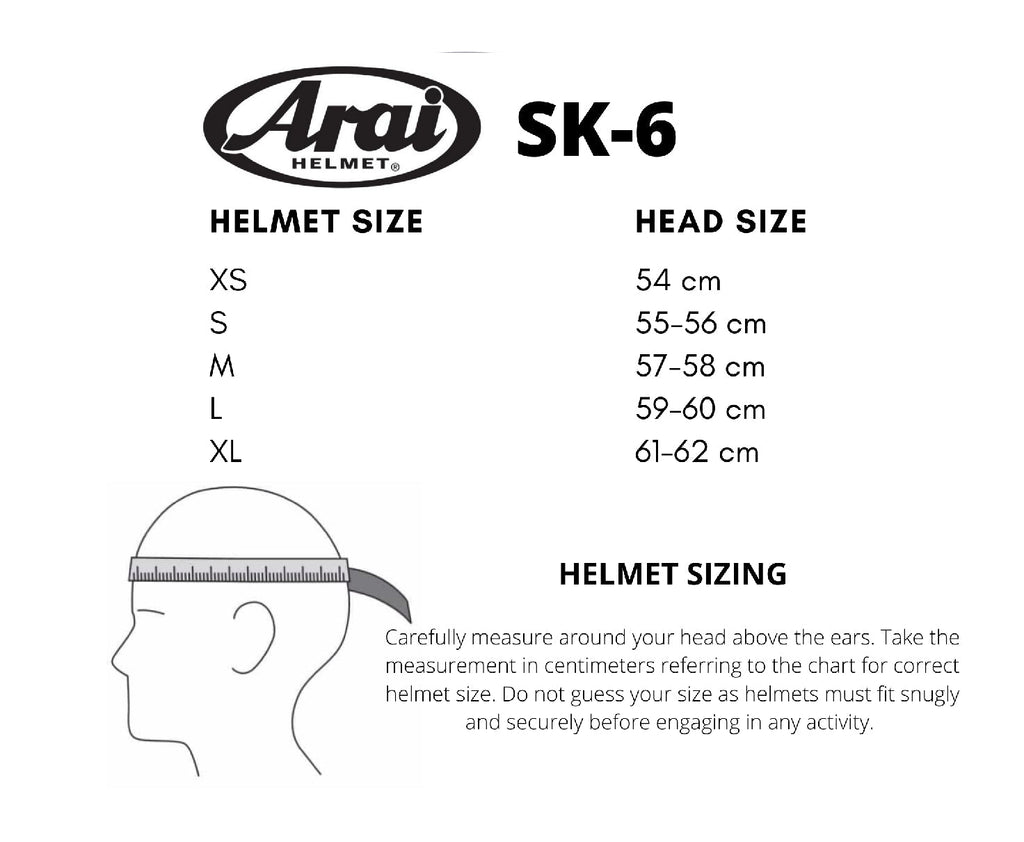 arai helmet fitting chart Arai SK6 Karting Helmet
